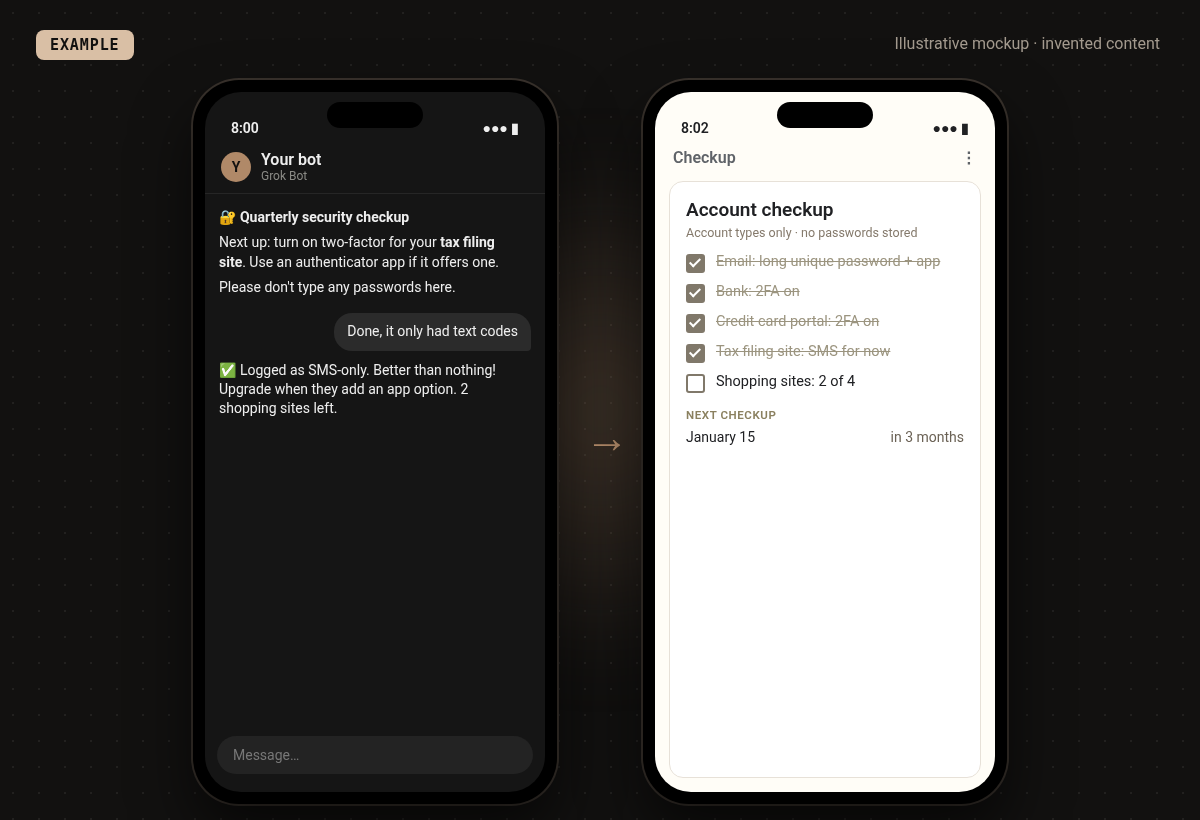Example mockup of the "Quarterly account security checkup" setup: Walks you through strong passwords and two-factor on your important accounts. Invented example content.
