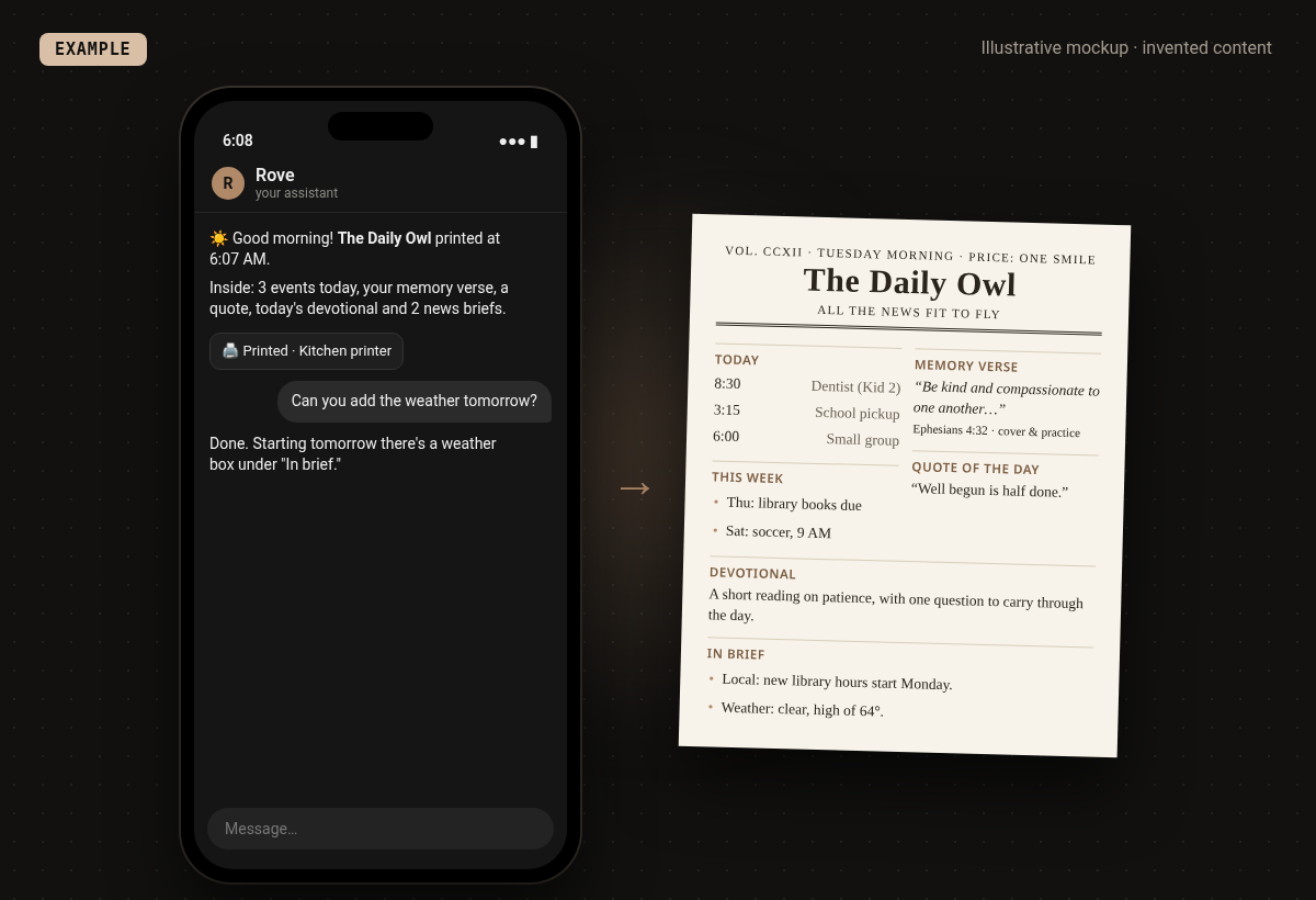 Example mockup of the "Hogwarts-style morning paper that prints itself at 6:07 AM" setup: A one-page newspaper built overnight and auto-printed before breakfast. Invented example content.
