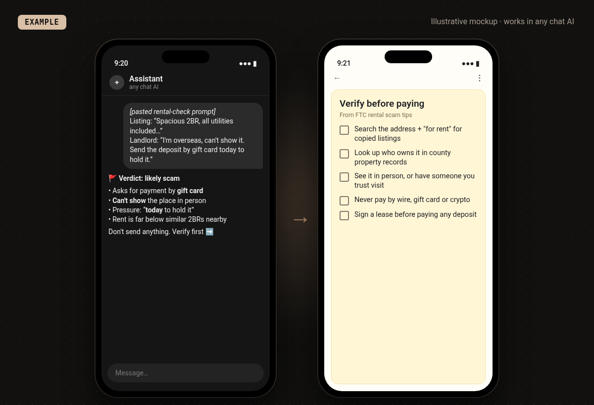 Example mockup of the "Is this rental listing real?" setup: Paste a listing and the landlord's messages; get red flags and what to verify. Invented example content.