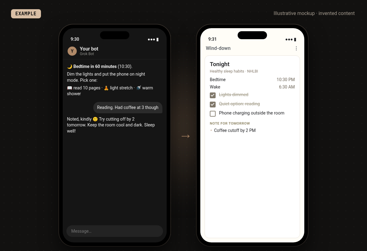 Example mockup of the "Gentle evening wind-down for better sleep" setup: A calm hour-before-bed nudge built on NHLBI healthy sleep habits. Invented example content.